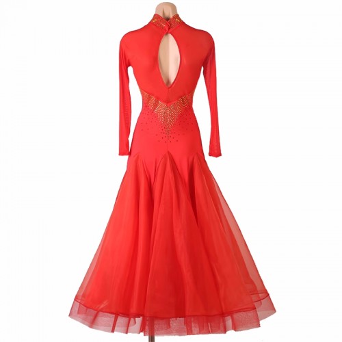 Red royal blue ballroom dance dresses with gold gemstones for women girls competition waltz tango salsa flamenco foxtrot rhythm dancing long gown for female